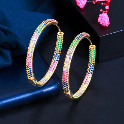 1 Pair Elegant Circle Color Block Plating Inlay Copper Zircon Rhodium Plated Silver Plated Hoop Earrings