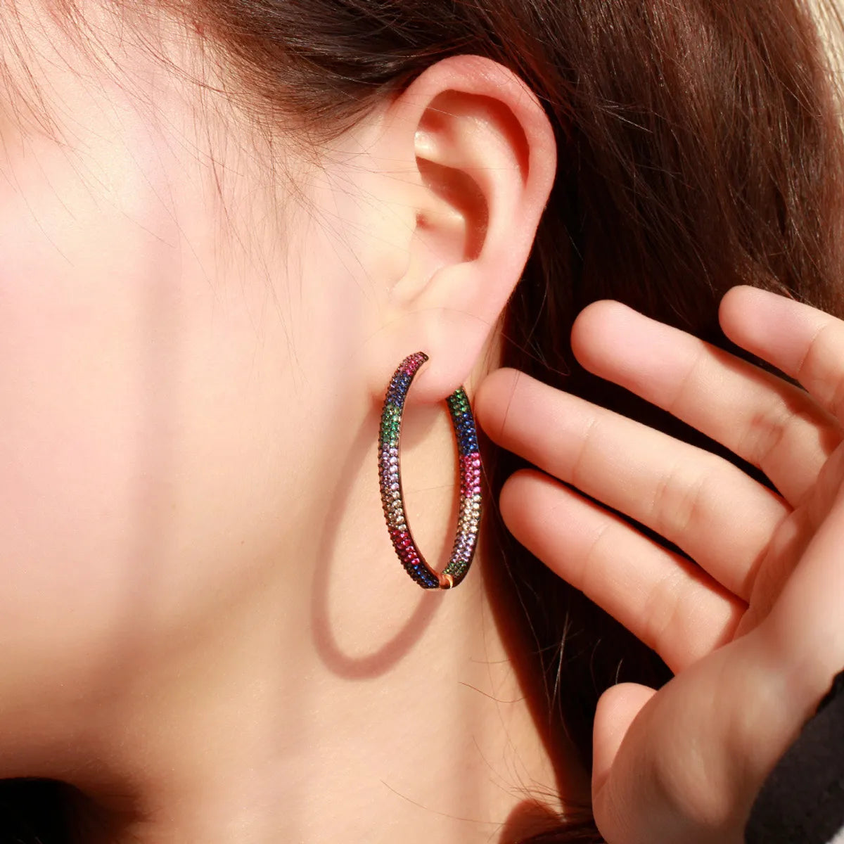 1 Pair Elegant Circle Color Block Plating Inlay Copper Zircon Rhodium Plated Silver Plated Hoop Earrings