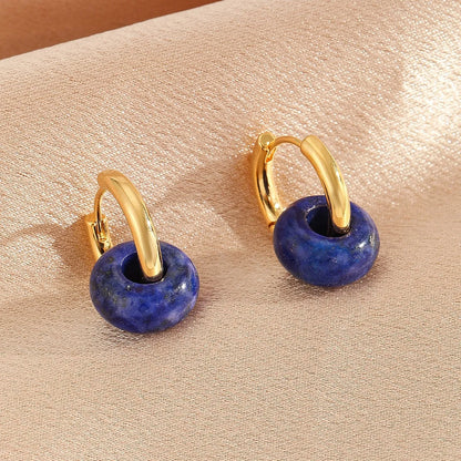 1 Pair Elegant Circle Round Beaded Plating Natural Stone Copper 18k Gold Plated Drop Earrings