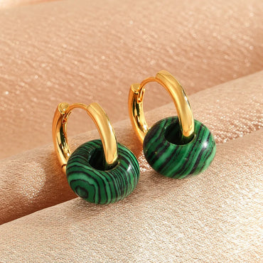 1 Pair Elegant Circle Round Beaded Plating Natural Stone Copper 18k Gold Plated Drop Earrings