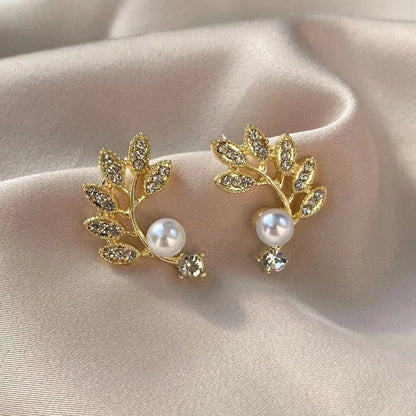 1 Pair Elegant Classic Style Artistic Leaves Inlay Alloy Rhinestones Ear Studs