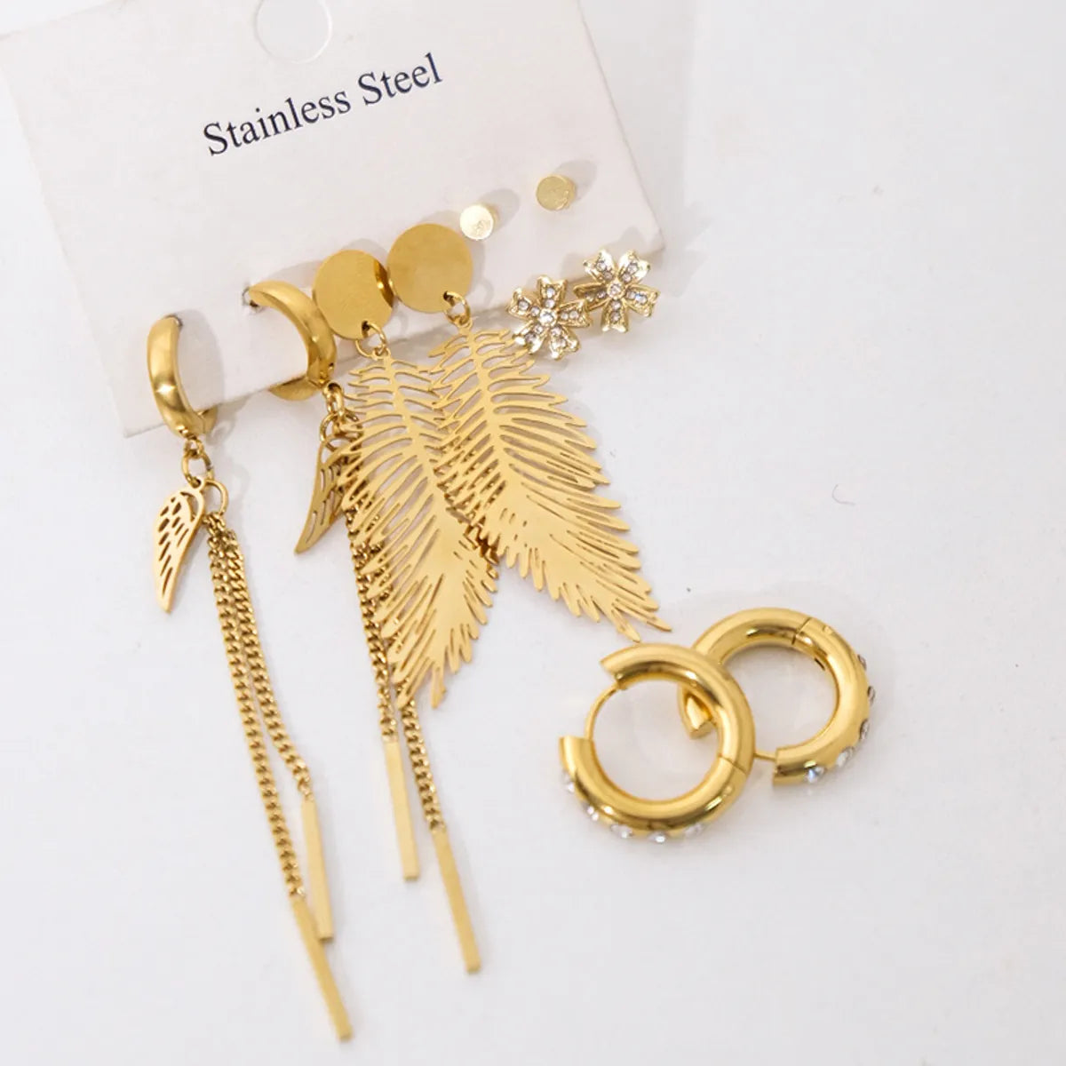 1 Pair Elegant Classic Style Feather Wings Flower Tassel Hollow Out Inlay 304 Stainless Steel Zircon 14K Gold Plated Hoop Earrings Drop Earrings Ear Studs