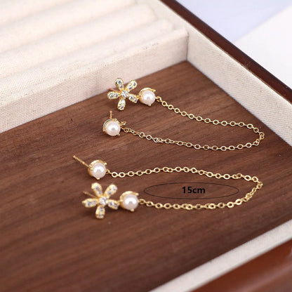 1 Pair Elegant Classic Style Heart Shape Flower Bow Knot Inlay Copper Artificial Pearls Imitation Pearl Zircon 18K Gold Plated Drop Earrings Ear Studs