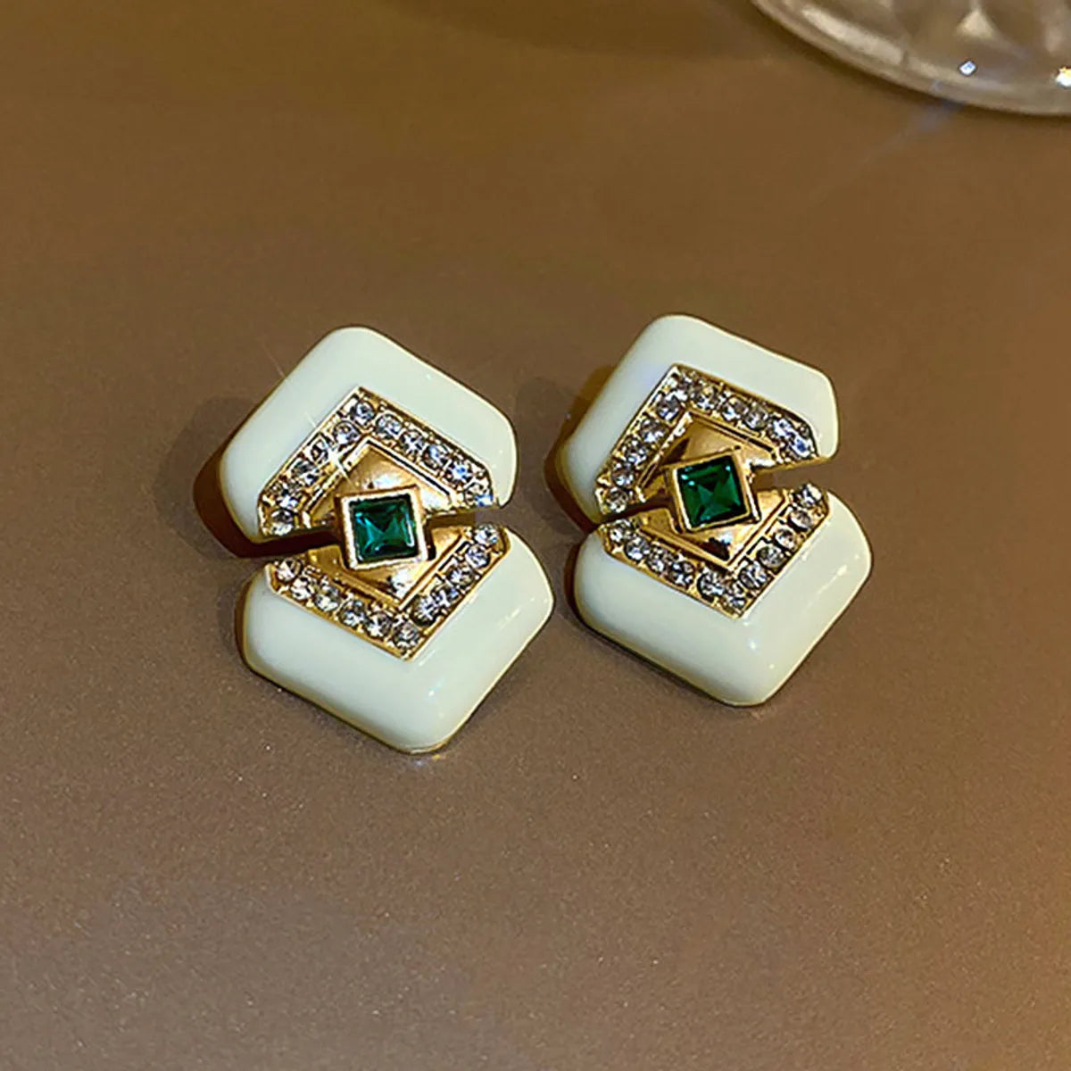 1 Pair Elegant Classical Retro Rhombus Inlay Alloy Enamel Rhinestones 18K Gold Plated Drop Earrings