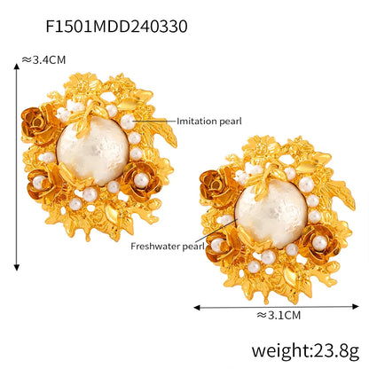 1 Pair Elegant Classical Retro Round Flower Inlay Copper Artificial Pearls Freshwater Pearl 18K Gold Plated Ear Studs