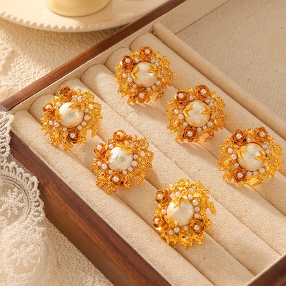 1 Pair Elegant Classical Retro Round Flower Inlay Copper Artificial Pearls Freshwater Pearl 18K Gold Plated Ear Studs