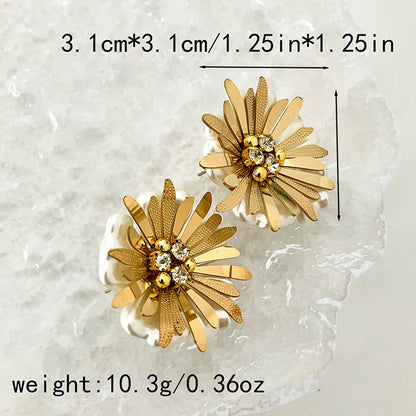 1 Pair Elegant Classical Romantic Flower Plating Inlay Stainless Steel Pearl Zircon Gold Plated Ear Studs