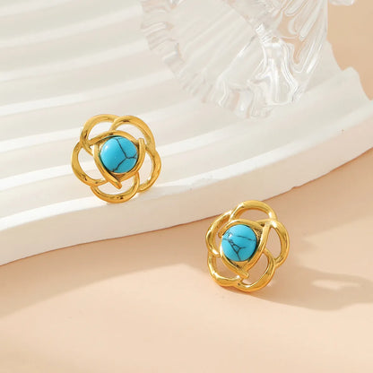 1 Pair Elegant Classical Romantic Irregular Oval Flower Inlay 304 Stainless Steel Turquoise Ear Studs