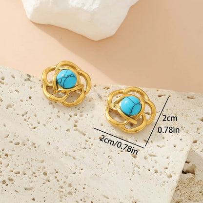 1 Pair Elegant Classical Romantic Irregular Oval Flower Inlay 304 Stainless Steel Turquoise Ear Studs