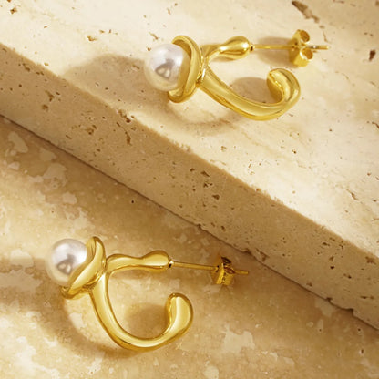 1 Pair Elegant Classical Simple Style Pearl Plating Inlay Stainless Steel Artificial Pearls 18K Gold Plated Ear Studs