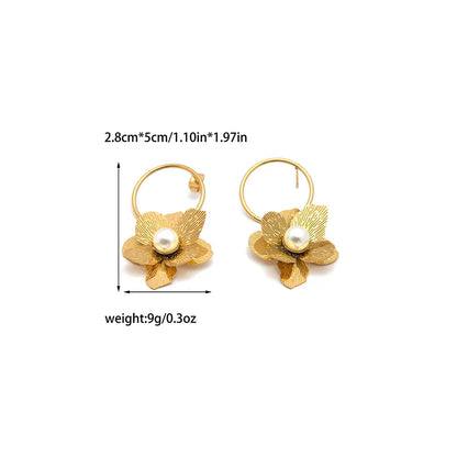 1 Pair Elegant Classical Sweet Flower Hollow Out Inlay 304 Stainless Steel Pearl 14K Gold Plated Drop Earrings Ear Studs