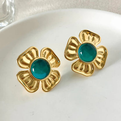 1 Pair Elegant Classical Vintage Style Flower Plating Inlay Stainless Steel Gem Gold Plated Ear Studs