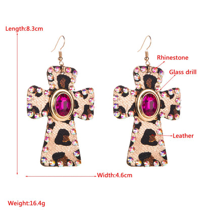 1 Pair Elegant Cross Leopard Plating Inlay Pu Leather Alloy Rhinestones Gold Plated Ear Hook