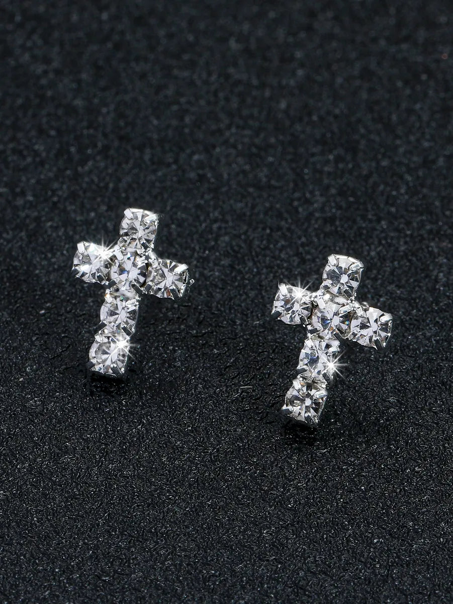 1 Pair Elegant Cross Plating Inlay Alloy Rhinestones Silver Plated Ear Studs