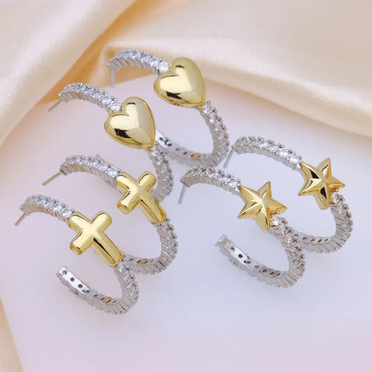 1 Pair Elegant Cross Star Heart Shape Copper Ear Studs