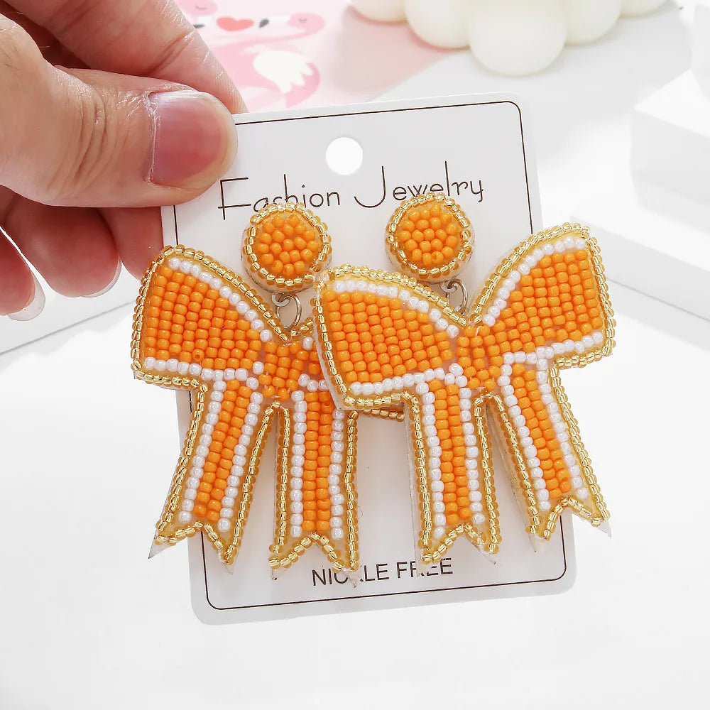 1 Pair Elegant Cute Bow Knot Handmade Bowknot Beaded Nonwoven Glass Drop Earrings