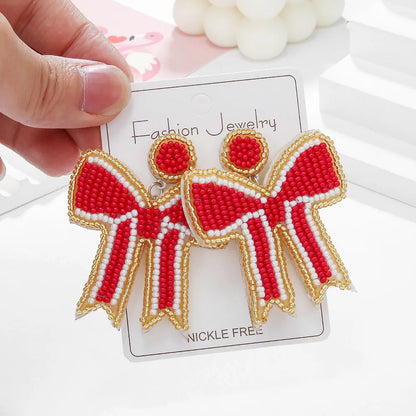 1 Pair Elegant Cute Bow Knot Handmade Bowknot Beaded Nonwoven Glass Drop Earrings