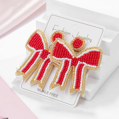 1 Pair Elegant Cute Bow Knot Handmade Bowknot Beaded Nonwoven Glass Drop Earrings