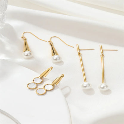 1 Pair Elegant Cute Luxurious Round Inlay Stainless Steel Titanium Steel Artificial Pearls 18K Gold Plated Drop Earrings