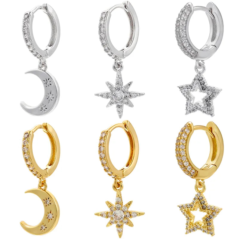 1 Pair Elegant Cute Pentagram Moon Plating Hollow Out Inlay Copper Zircon 18k Gold Plated Drop Earrings