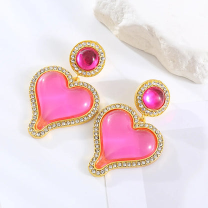 1 Pair Elegant Cute Round Heart Shape Inlay Alloy Resin Artificial Gemstones Drop Earrings