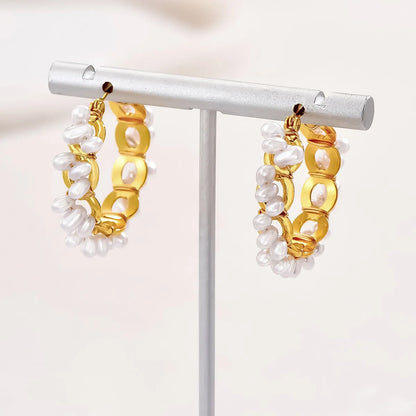 1 Pair Elegant Cute Sweet Flower Beaded Pearl Stainless Steel Earrings