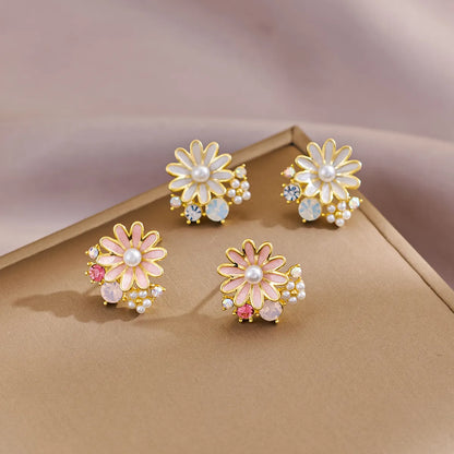 1 Pair Elegant Cute Sweet Flower Inlay Alloy Rhinestones Pearl Ear Studs