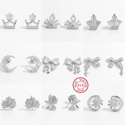 1 Pair Elegant Cute Sweet Moon Maple Leaf Crown Plating Hollow Out Inlay Sterling Silver Zircon White Gold Plated Rhodium Plated Ear Studs