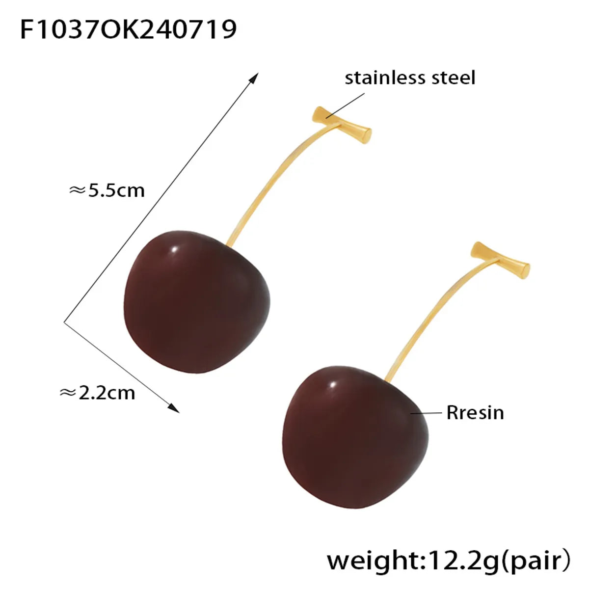 1 Pair Elegant Exaggerated Cherry Plating 304 Stainless Steel Resin Titanium Steel 18K Gold Plated Drop Earrings