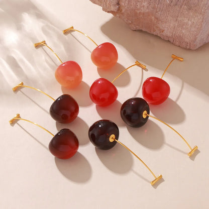 1 Pair Elegant Exaggerated Cherry Plating 304 Stainless Steel Resin Titanium Steel 18K Gold Plated Drop Earrings