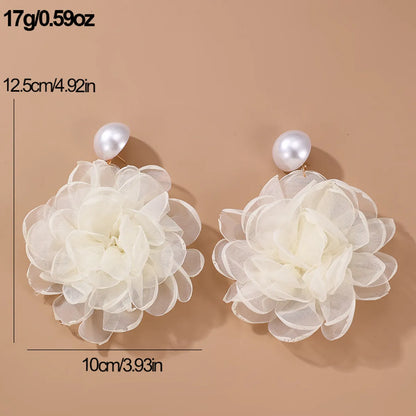 1 Pair Elegant Exaggerated Flower Alloy Cloth Drop Earrings