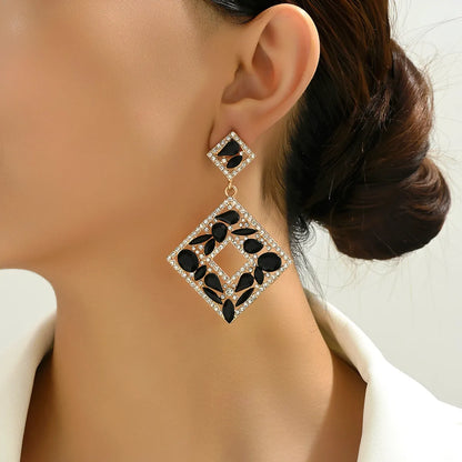 1 Pair Elegant Exaggerated Luxurious Square Plating Hollow Out Inlay Zinc Alloy Rhinestones Dangling Earrings