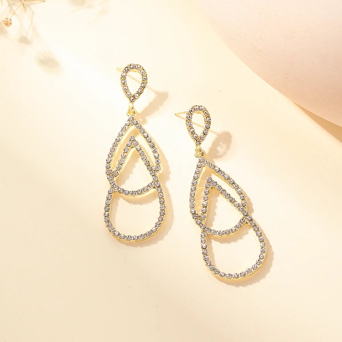 1 Pair Elegant Fashion Double Ring Alloy Water Drop Hollow Out Artificial Rhinestones Women's Earrings