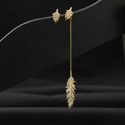 1 Pair Elegant Feather Asymmetrical Plating Inlay Copper Zircon 14k Gold Plated Drop Earrings