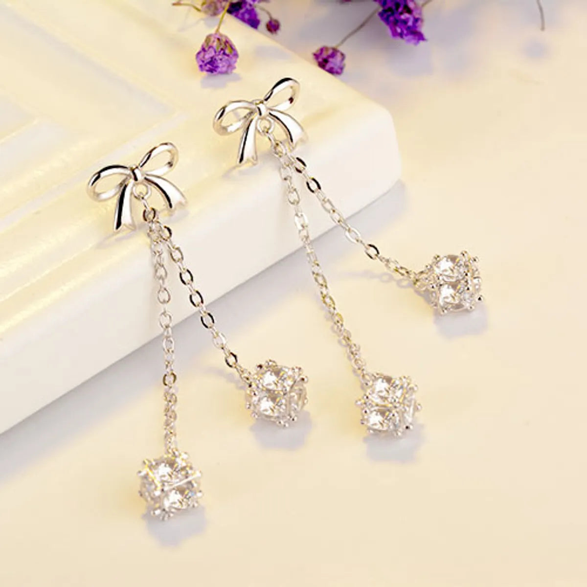 1 Pair Elegant Flower Bow Knot Tassel Copper Drop Earrings