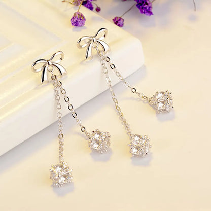 1 Pair Elegant Flower Bow Knot Tassel Copper Drop Earrings