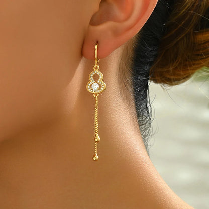 1 Pair Elegant Flower Gourd Fish Inlay 201 Stainless Steel Rhinestones Zircon 18K Gold Plated Drop Earrings