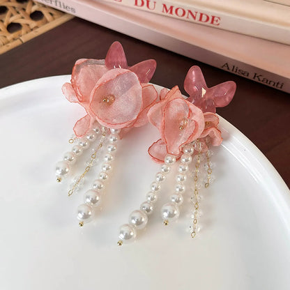 1 Pair Elegant Flower Imitation Pearl Cloth Resin Drop Earrings