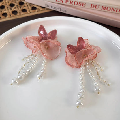 1 Pair Elegant Flower Imitation Pearl Cloth Resin Drop Earrings