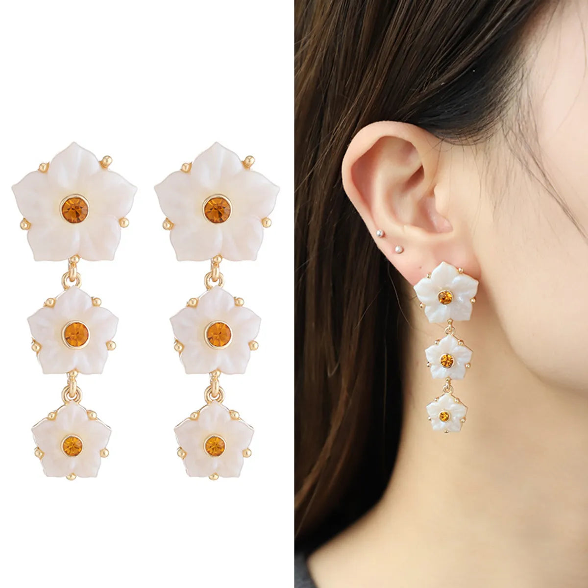 1 Pair Elegant Flower Inlay Alloy Resin Glass Drop Earrings