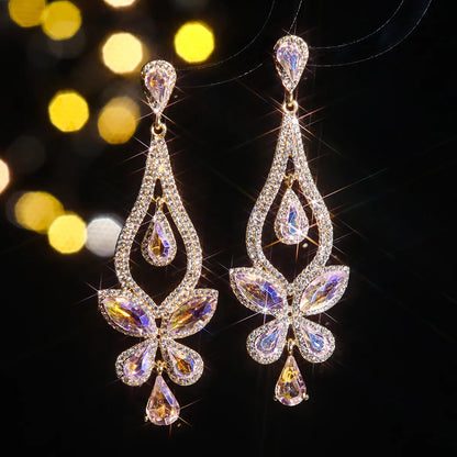 1 Pair Elegant Flower Inlay Alloy Rhinestones Zircon Drop Earrings