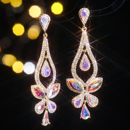 1 Pair Elegant Flower Inlay Alloy Rhinestones Zircon Drop Earrings