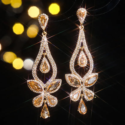 1 Pair Elegant Flower Inlay Alloy Rhinestones Zircon Drop Earrings