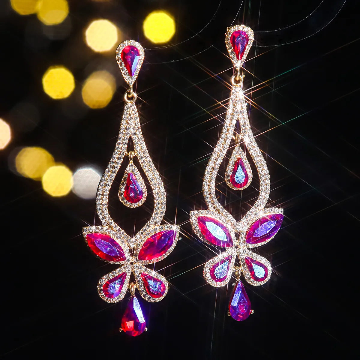 1 Pair Elegant Flower Inlay Alloy Rhinestones Zircon Drop Earrings