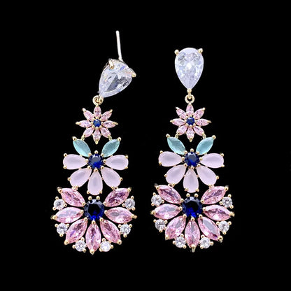 1 Pair Elegant Flower Inlay Copper Zircon Drop Earrings