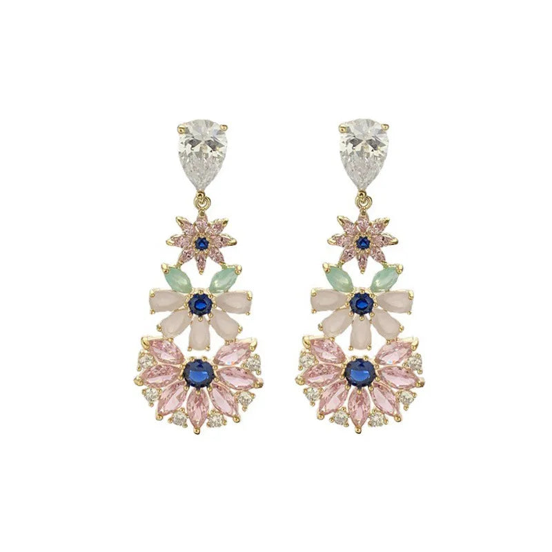 1 Pair Elegant Flower Inlay Copper Zircon Drop Earrings