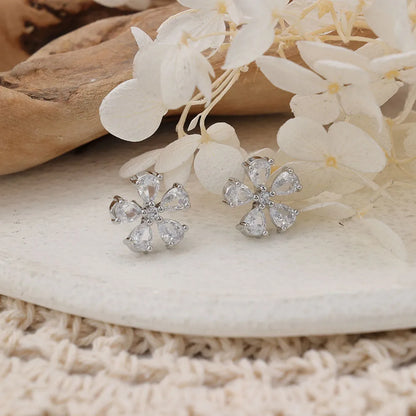 1 Pair Elegant Flower Inlay Copper Zircon Rose Gold Plated Ear Studs