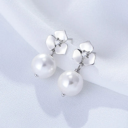 1 Pair Elegant Flower Inlay Imitation Pearl Sterling Silver Zircon Drop Earrings