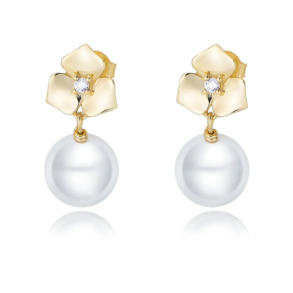 1 Pair Elegant Flower Inlay Imitation Pearl Sterling Silver Zircon Drop Earrings