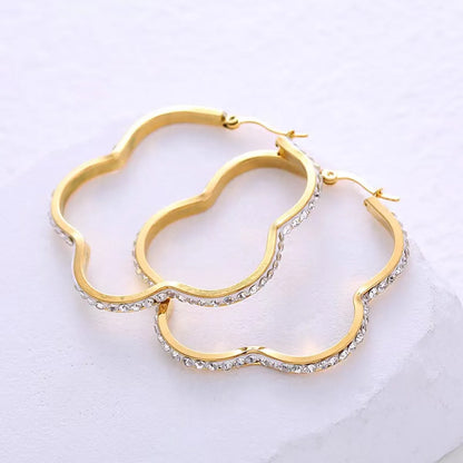 1 Pair Elegant Flower Inlay Titanium Steel Artificial Diamond Hoop Earrings